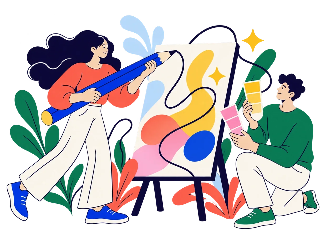 Designers shape brand artwork with an oversized pencil, an easel and colour swatches.