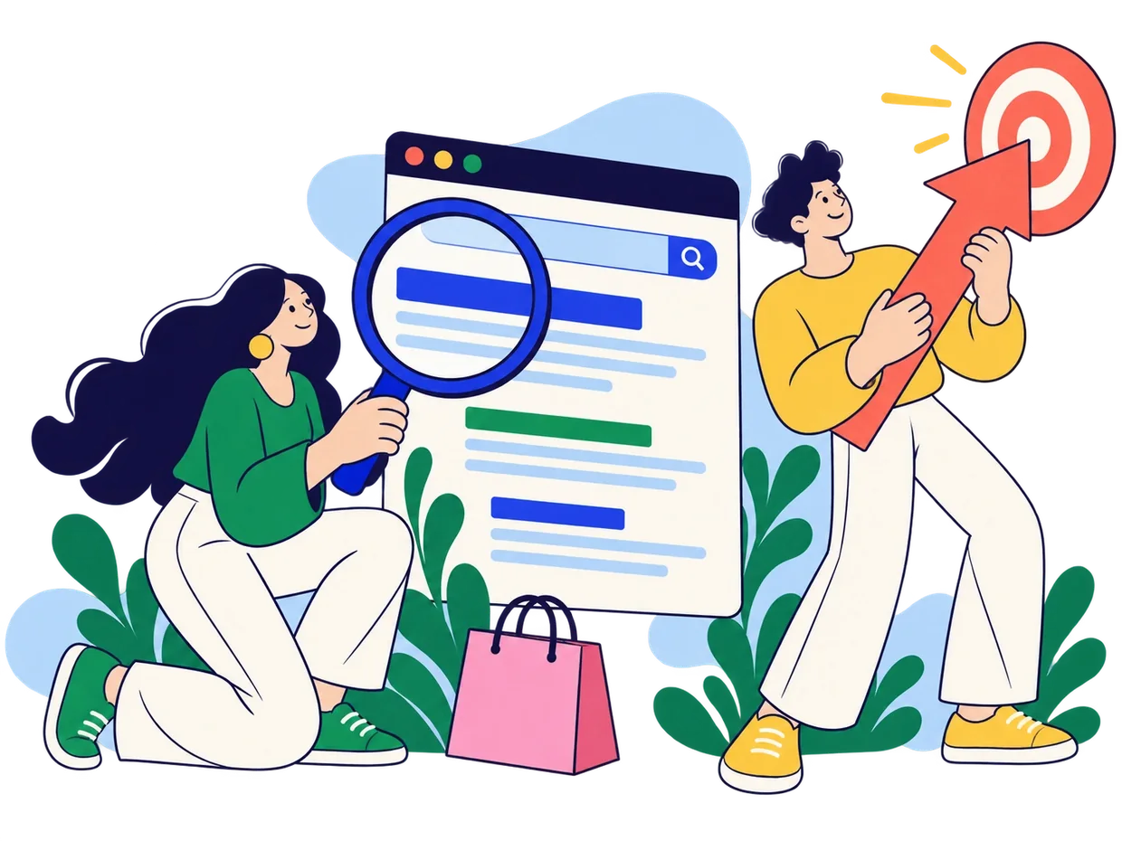 Two marketers use a magnifying glass, a search results page and a target to connect customers with an offer.