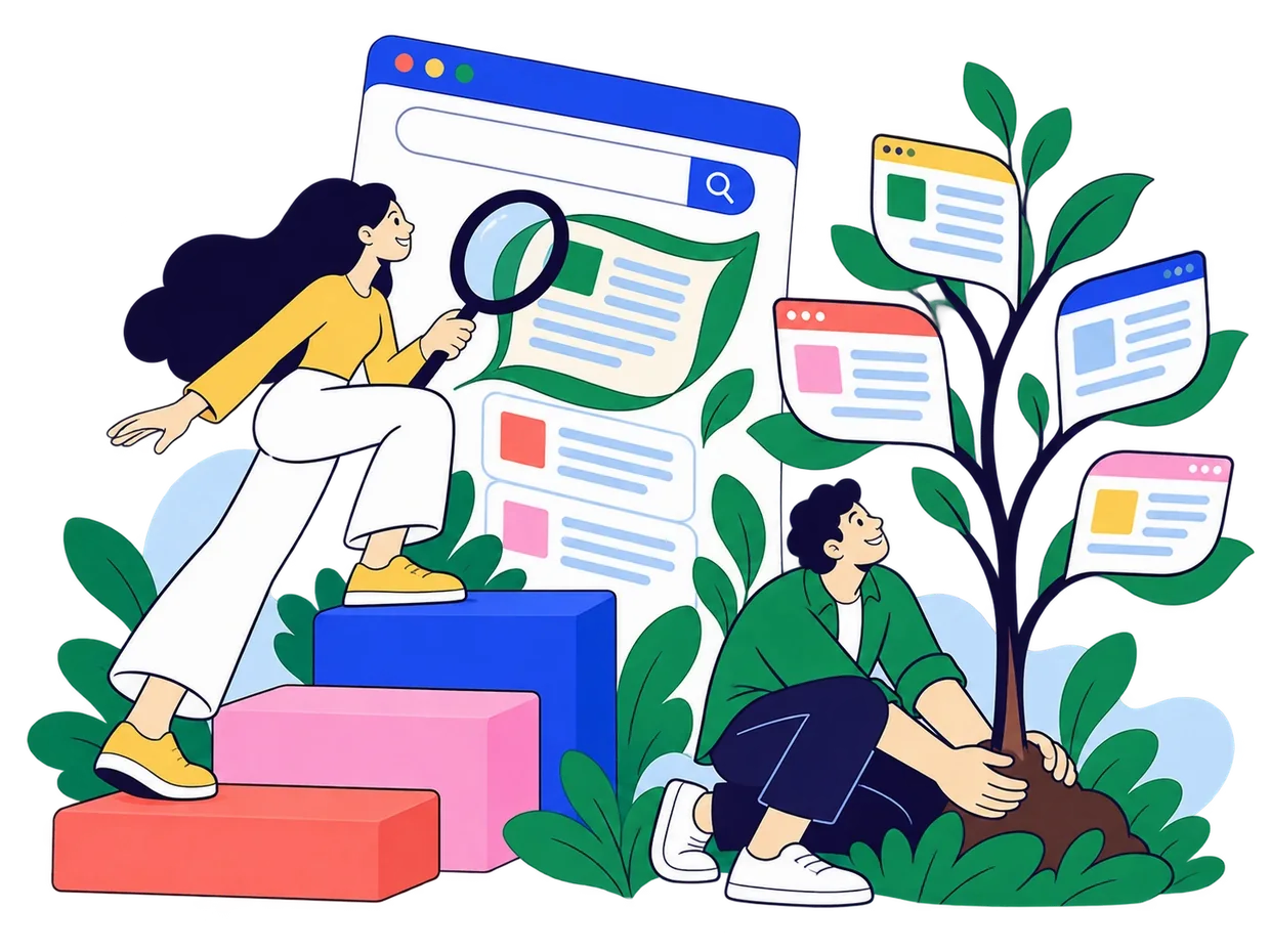A team grows organic search visibility with connected web pages and a growing plant.