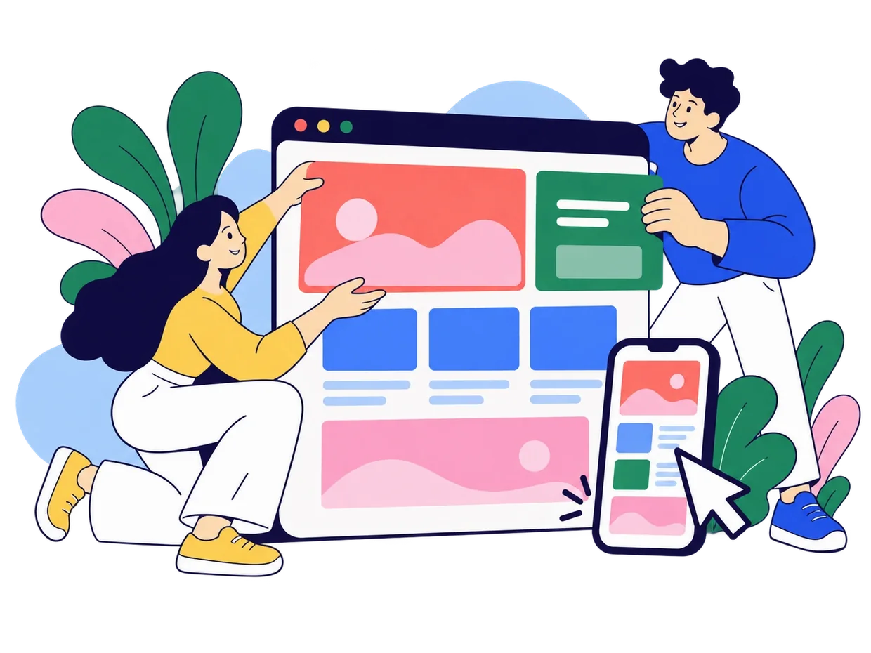 Developers assemble a responsive website from colourful page modules.